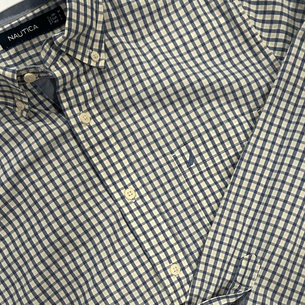 Plaid NAUTICA Long-sleeve Button-down Shirt, Blue/White/Yellow, Wrinkle-Resist,M